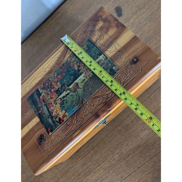 Vintage Litho Woodland Print Cedar Wood Jewelry Trinket Stash Box Mirrored - Picture 12 of 14